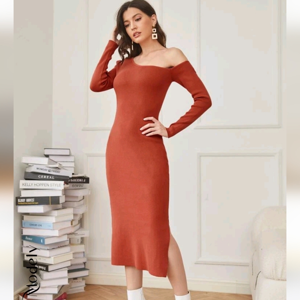 ☑️ SOLD ☑️ SHEIN Modely Asymmetrical Neck Slit Hem Sweater Dress in burnt orange